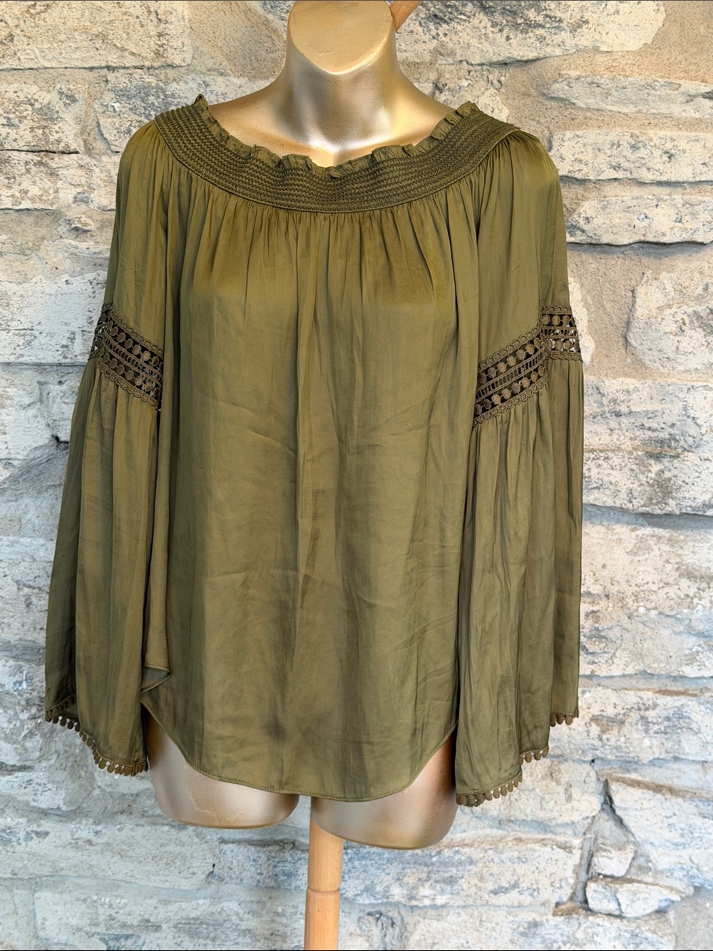 Olive Off-Shoulder Peasant Blouse with Crochet Trim
